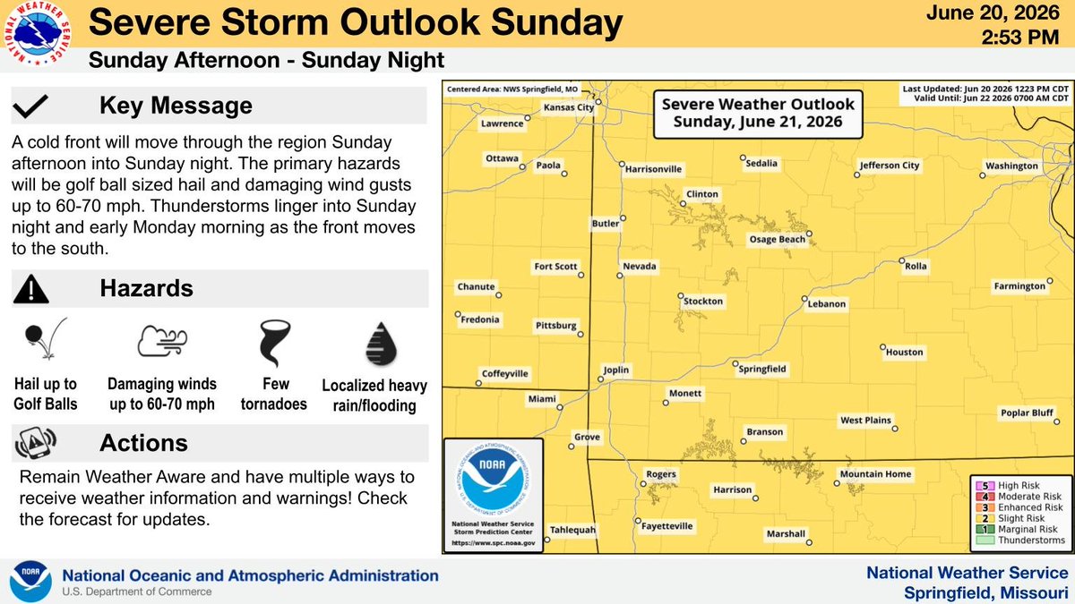 NWSSpringfield's tweet photo. A cold front will move through the region Sunday afternoon into Sunday night. The primary hazards will be golf ball sized hail and damaging wind gusts up to 60-70 mph. Thunderstorms linger into Sunday night and early Monday morning as the front moves to the south. https://t.co/jbfPVhUjym