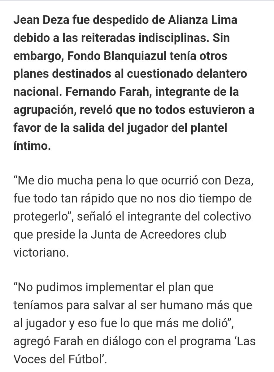 Paulo_grone1901's tweet photo. Fondo blanquiazul: ".....queremos volver a los 90s, a nuestras canteras y vender jugadores...."

Fernando Farah opinaba esto de Jean Deza, jugador q trajo en el nefasto 2020.

Farah, debe ser uno de los tantos nefastos dirigentes q ha tenido AL en su historia. https://t.co/d0Zq8GwJhc