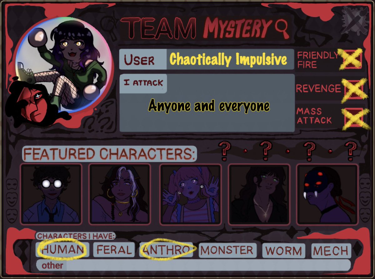 ImpulsiveChaoss's tweet photo. Art fight is coming up! I’m so excited!
#artfight #artfight2026 #teammystery #artfightcard https://t.co/HkS6HyK51H