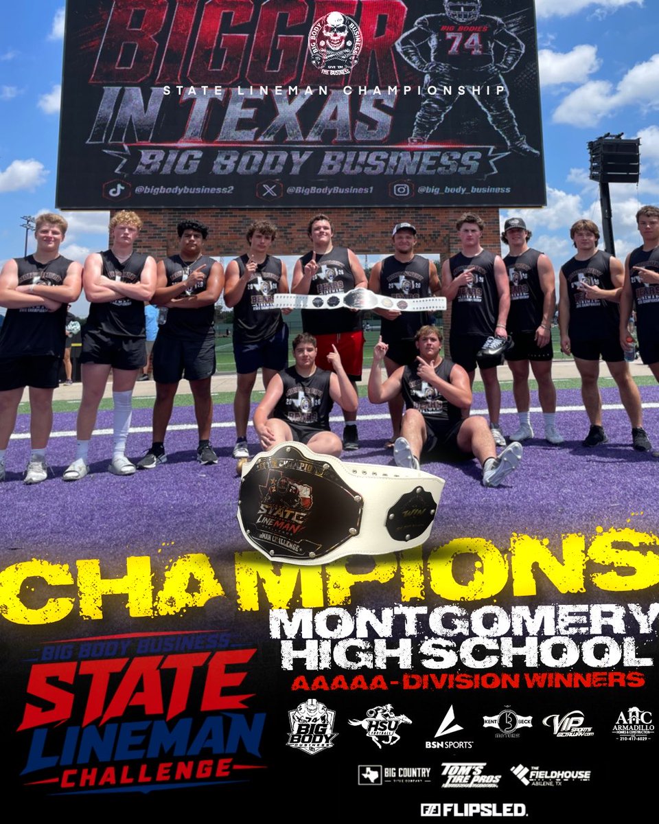 BurlesonHSU's tweet photo. Big Body Business / HSU 2026 STATE CHAMPIONSHIP LINEMAN CHALLENGE 
5A State CHAMPIONS Montgomery Bears @MHSBearFB @coachcooper_mhs Congratulations on your State Championship @BigBodyBusines1 @HSUCowboys @HSUAthletics  #BigBodyBusiness #GiveEmTheBusiness #BigBodies @TheFlipSled https://t.co/etuHSELZSP