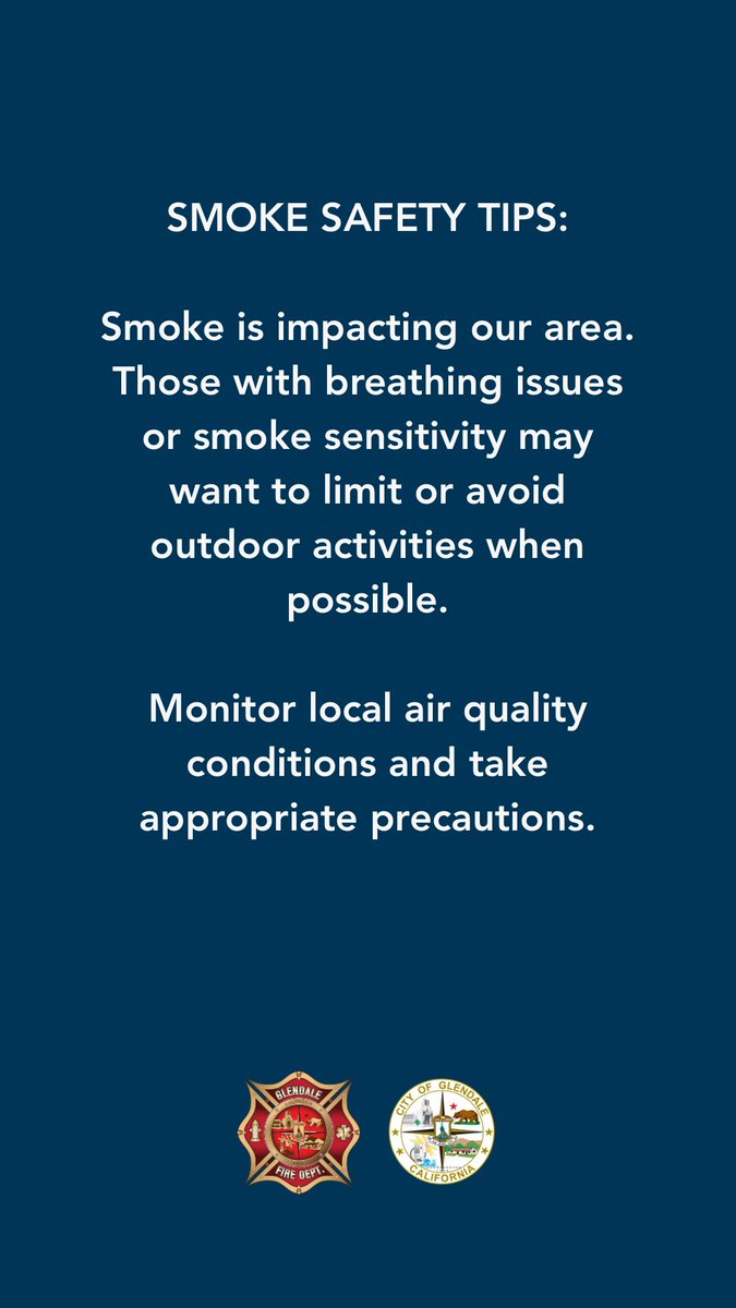 MyGlendale's tweet photo. SMOKE SAFETY TIPS:

Smoke is impacting our area. Those with breathing issues or smoke sensitivity may want to limit or avoid outdoor activities when possible.

Monitor local air quality conditions and take appropriate precautions. https://t.co/f3LuYtAEvw