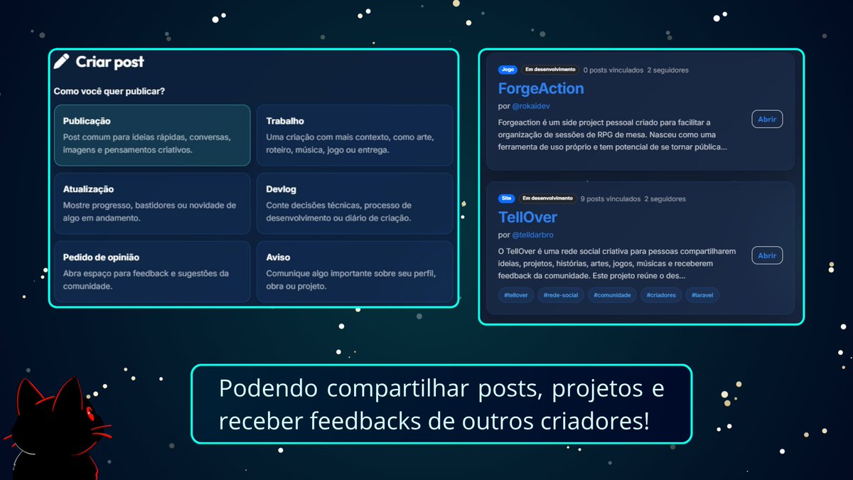 TBestkid's tweet photo. Olá! Estou criando uma rede social criativa chamada TellOver.

Uma rede social criativa para pessoas compartilharem ideias, projetos, artes, histórias, jogos, personagens e receberem feedback.

🔗 https://t.co/s4Prid9zuC
🖤 https://t.co/tAfeJBGswH
#TellOver #Criadores #IndieDev https://t.co/cth2wkb0BJ