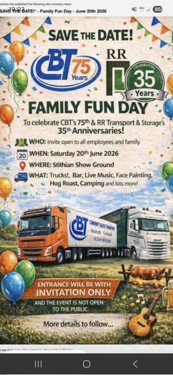 BIGMACK68's tweet photo. My Company Celebrating it's 75th Anniversary in style today..it's a privilege working for this brilliant company, with our sister company RR Transport celebrating their 35th Anniversary too...
#conwaybaileytransport
#RRTransport
#Cornwall
#Stithians https://t.co/sGuhFhrpVO