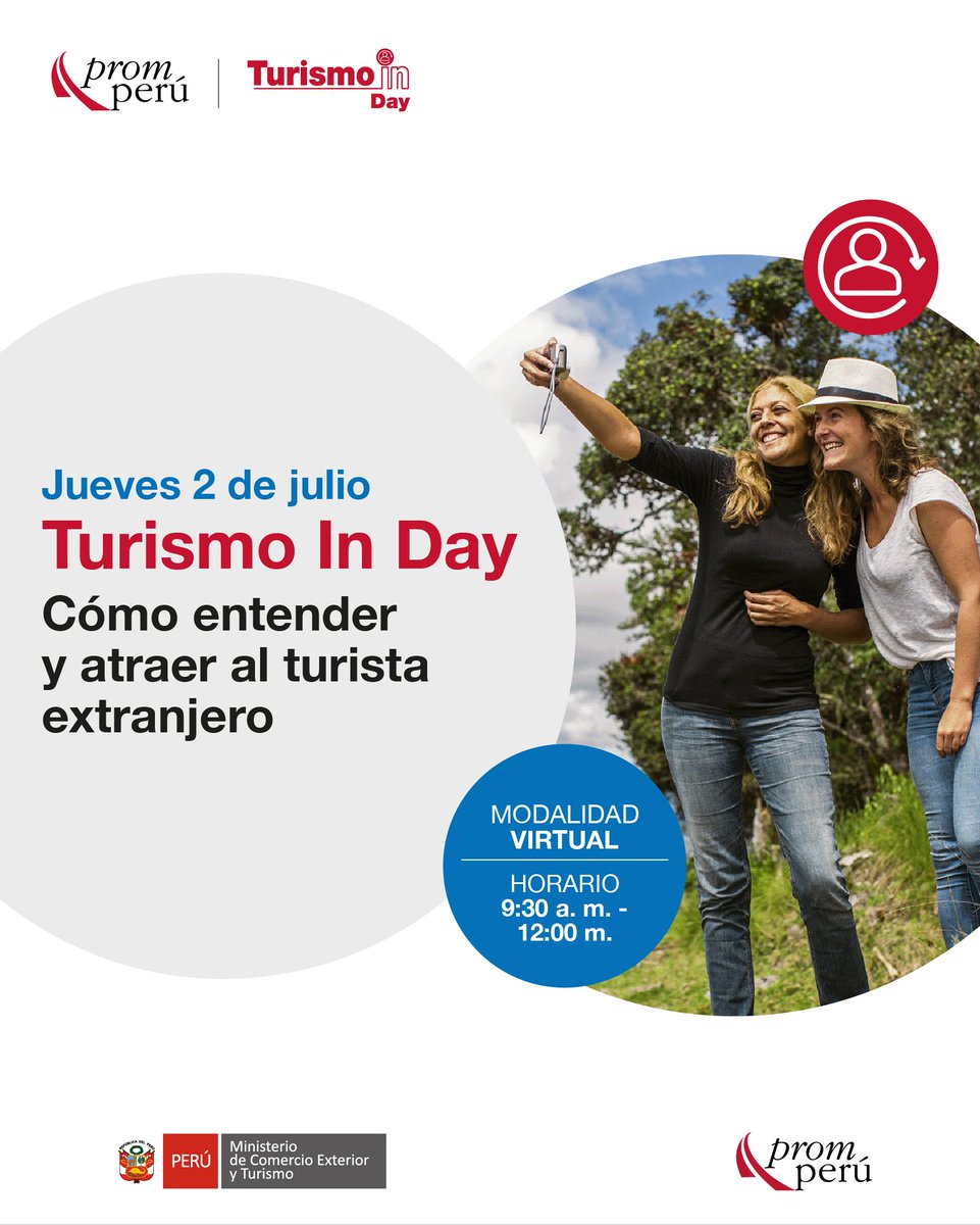 Promperu's tweet photo. El 65 % de turistas extranjeros que viene al Perú son jóvenes ('centennial' o 'millennial'). ¿Quieres saber cómo ofrecerles tus servicios turísticos? ¡Participa en la nueva edición de #TurismoInDay y aprende las claves 💻 👉 https://t.co/R1YRwS77fI  

#PROMPERÚ https://t.co/jqSn3eKMv8