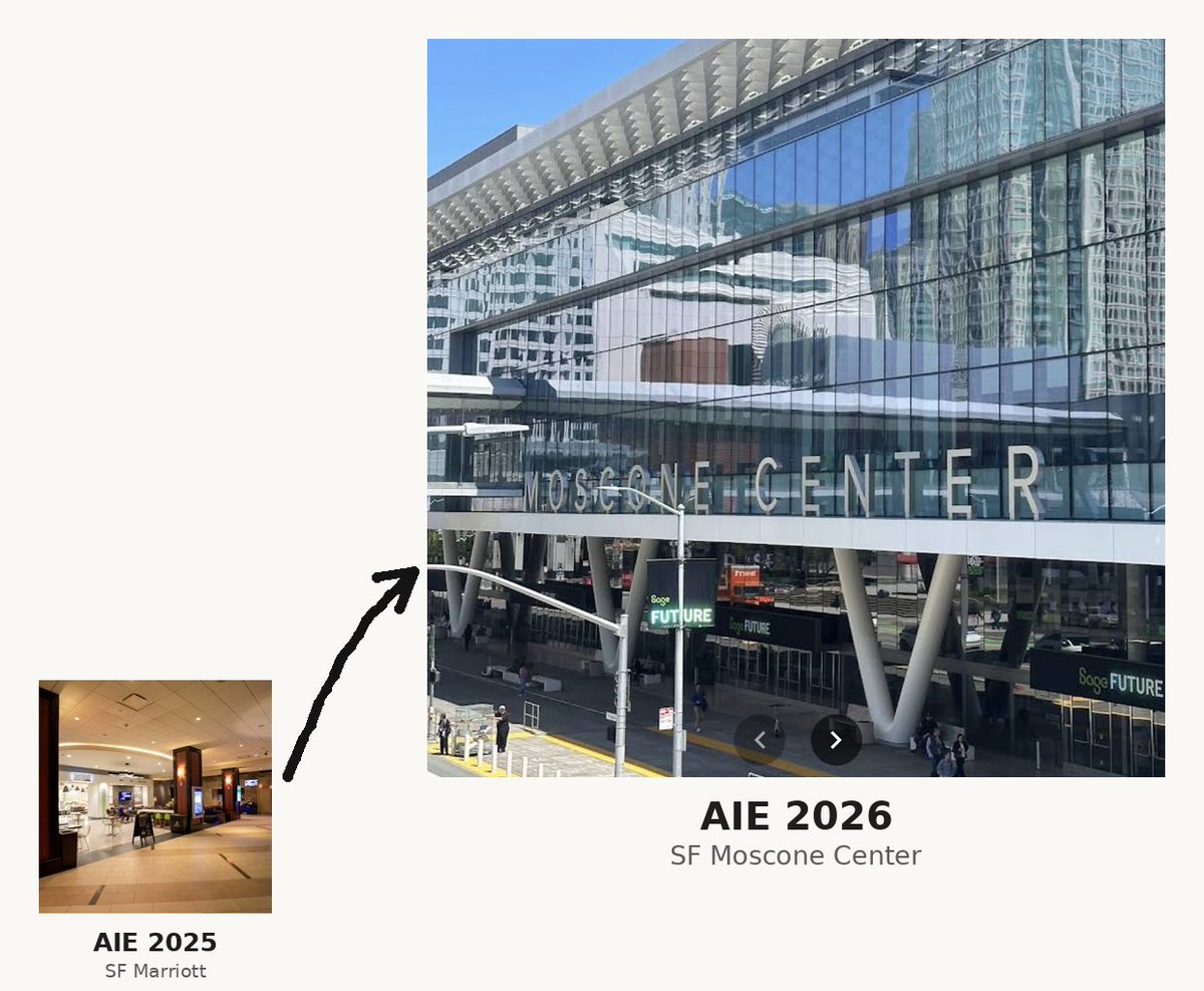 lily_gpupoor's tweet photo. just noticed AIE 2026 is at SF Moscone Center this year, huge upgrade from Marriott Marquis. we still love the old venue, but Moscone hits differently. @swyx @aiDotEngineer. https://t.co/ue6iEtwDv9