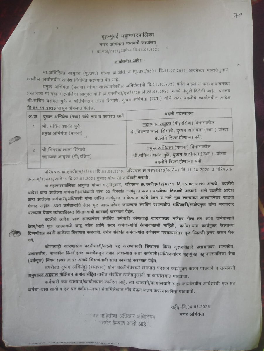 AYAZYKHAN2's tweet photo. Shri Bhimrao Lala Shinghane (A/E) Of B/F Dept At P/South Ward, Goregaon West, Mumbai.Illegal Working On His Post Despite Transfer Order Handover On Dtd:-04/08/2025. Till Date Visiting On Site &amp; Collecting Hefty Amount Frequently. @mybmc @mybmcWardPS @mygovMaha @CMOMaharashtra https://t.co/02ukPb1JUe