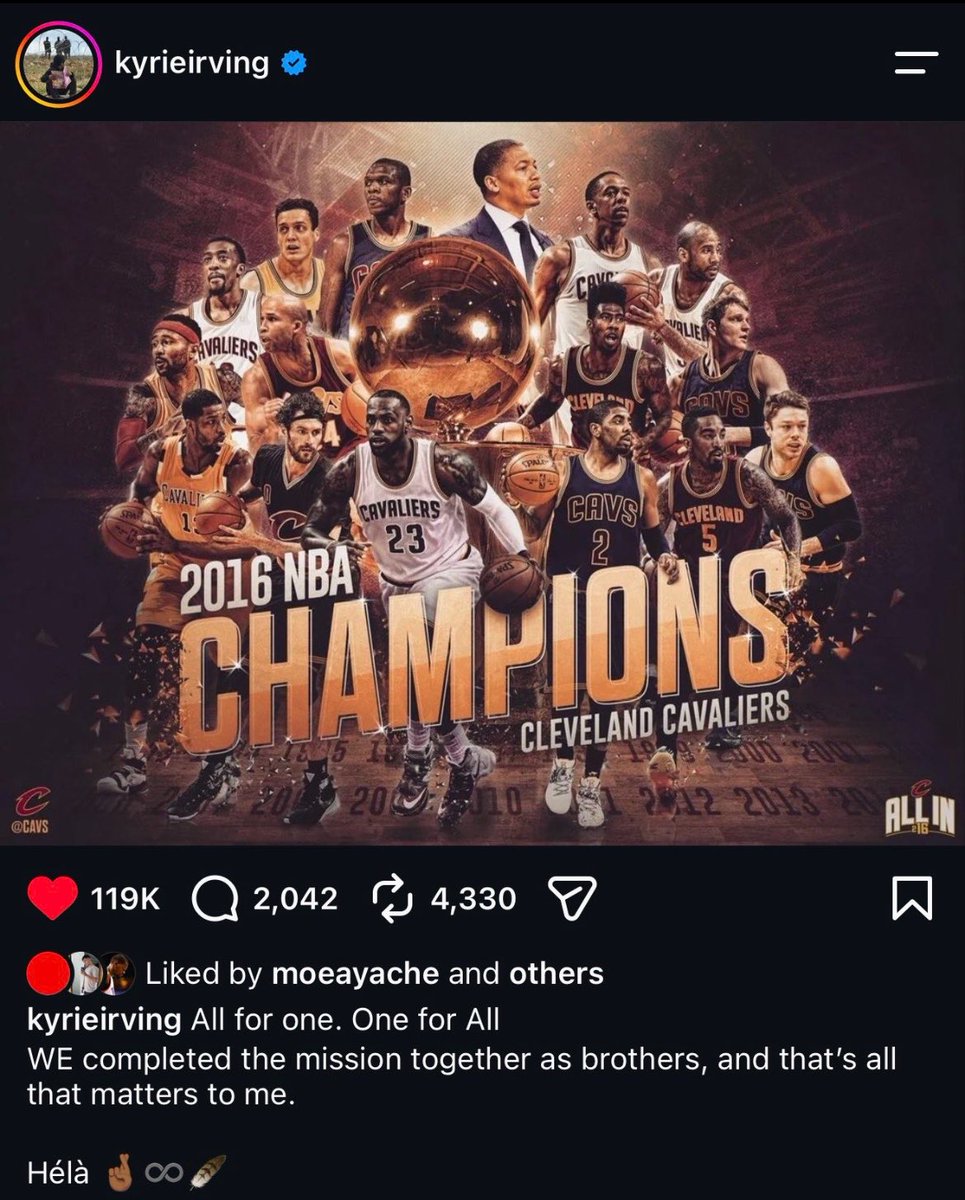 pisounalinha's tweet photo. “Um por todos, todos por um. Nós cumprimos a missão juntos como irmãos e isso é tudo o que importa pra mim”.

Kyrie Irving após não viajar junto com os outros membros campeões do Cavaliers 2016.

Houve uma polêmica sobre isso, mas a informação é de que Kyrie tinha compromissos com jovens que estão começando suas carreiras no basquete.

JR Smith inclusive comentou sobre:

“Ele entrou em contato com a gente. Estamos de boa. Deus abençoe o melhor armador que já joguei”.