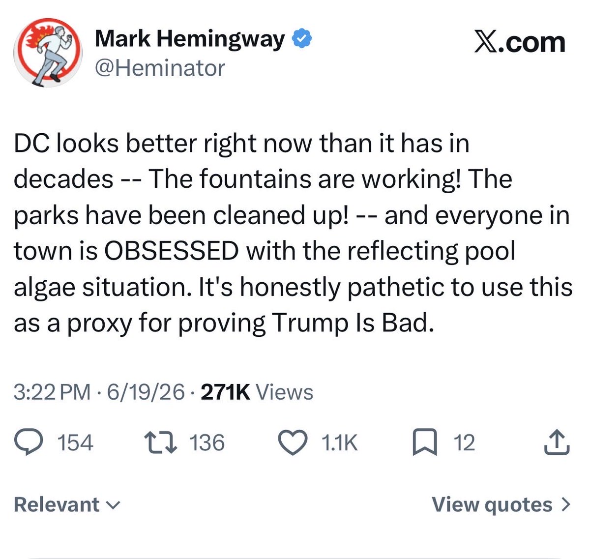 mattyglesias's tweet photo. Guys the point is that *Trump* not only made a huge deal out of the reflecting pool, the whole MAGA internet specifically touted the lack of algae — now they look like idiots and it’s funny! https://t.co/Gn3JF6kUTH