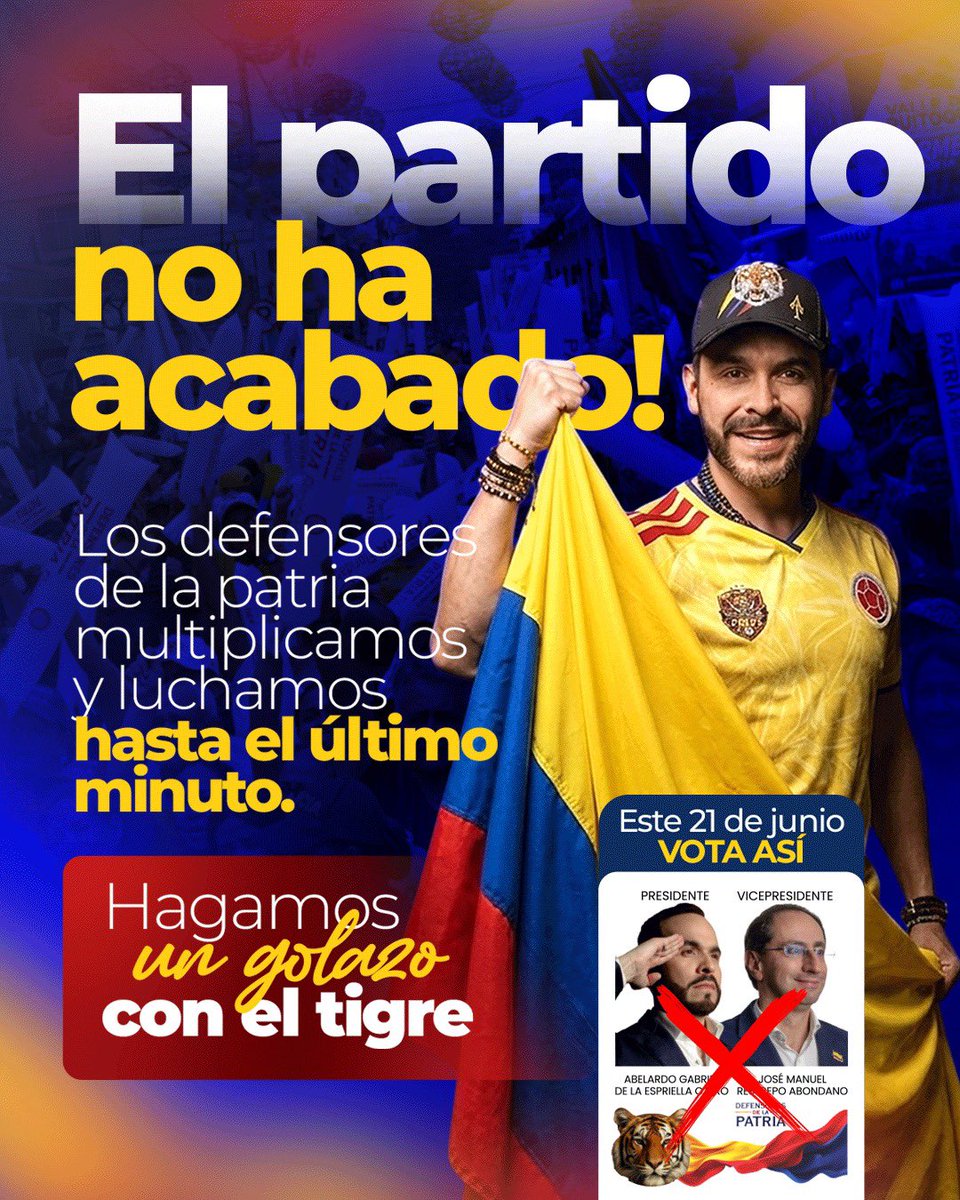 soyjaimeandres's tweet photo. ¡Los defensores de la patria luchamos hasta el último minuto! 

Que no se quede ni un voto por conquistar. 

Mañana hacemos un golazo con #AbelardoPresidente #ConAbelardoGanaColombia https://t.co/CQhPZl368u