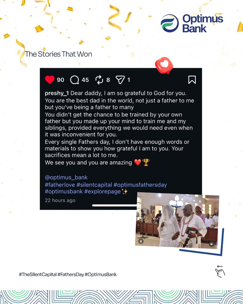 OptimusBank's tweet photo. The Silent Capital: The Stories That Won 

The stories were heartfelt, inspiring, and a beautiful reminder of the sacrifices, lessons, and love that fathers pour into their families every day.

Thank you to everyone who shared their unforgettable moments and celebrated the fathers and father figures who have shaped their lives.

Congratulations to our winners:
🏆 @ mariiaa.anthony
🏆 @ ejay._.baby
🏆 @ officialades1
🏆 @ preshy_1
🏆 @cathedralpalm_academy

Your stories captured the true essence of The Silent Capital, the wisdom, strength, sacrifices, and unwavering support that often go unseen but leave a lasting impact.

Thank you for celebrating with us. 💙

#SilentCapital #CelebratingFathers #OptimusBank #OptimusFathersDay