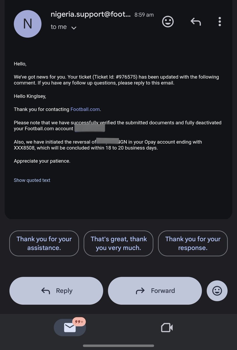 alphakinnie's tweet photo. Got this mail today saying my account has been deactivated and a refund has been initiated which I'm supposed to get within 20 business days.
This is to set the record straight and to thank everyone for lending your voices, I'm really grateful 🙏🏿 https://t.co/Kn9GU6OnvP