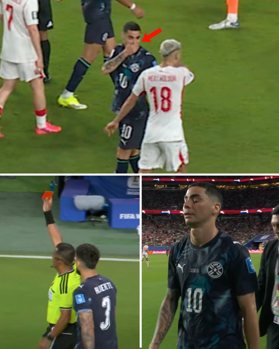 EmpeMayor's tweet photo. FIFA's new "Vinicius Law" just claimed its first World Cup victim

This rule was born from the Champions League incident between Vinicius Jr and Benfica's Gianluca Prestianni earlier this season stating that any player who covers their mouth with a hand, arm or shirt during a confrontation now gets an automatic red card ♦️ 

Friday night, Paraguay's Miguel Almiron became the first player in World Cup history sent off for it after exchanging words with Turkey's Mert Mulder following a foul, covering his mouth, and got booked which led to him getting walked straight down the tunnel in first-half stoppage time

Here's the crazy part, Paraguay went down to 10 men and STILL won 1-0. Turkey dominated possession 81-19% in the second half and couldn't find a single breakthrough

The result eliminated Turkey from the World Cup entirely as they got no points, no goals, after playing two games

The new rules are already shaping this tournament 👀

Tracking Paraguay's next game odds on @TelbetPromos as they'll need to cope without Almiron in their next fixture