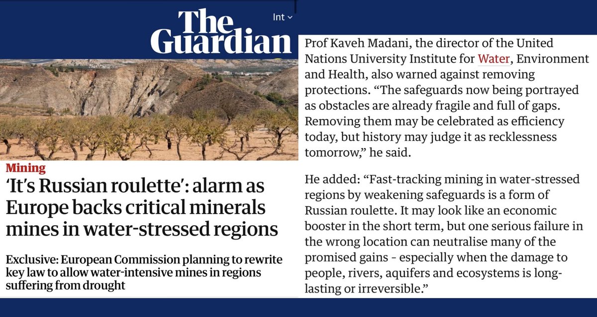 KavehMadani's tweet photo. “Fast-tracking mining in water-stressed regions by weakening safeguards is a form of Russian roulette.”

The European Commission’s plans to rewrite water protection law in order to speed up the extraction of critical minerals is very concerning!

https://t.co/1NclcRcd2H https://t.co/UsPFXFLDMJ