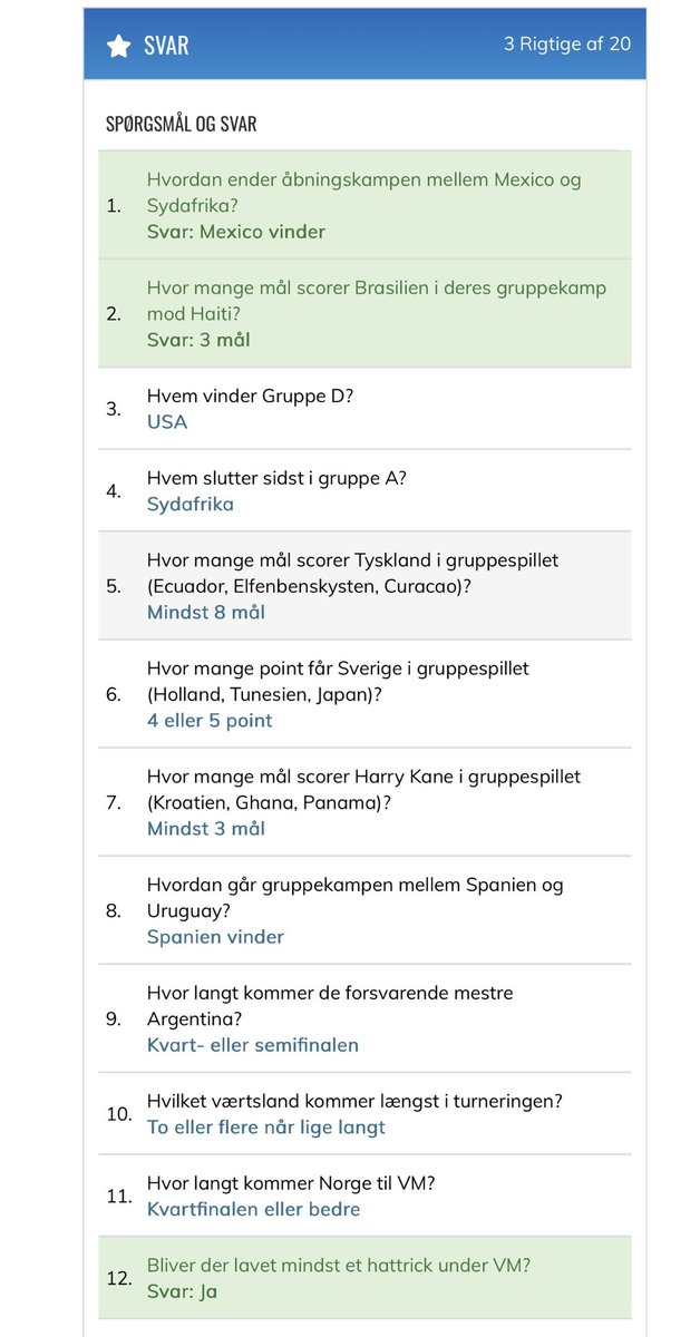 TELLYLEAGUE's tweet photo. 3 spørgsmål ud af 20 er indtil videre afgjort i vores VM konkurrence og der er en del deltagere som har ramt alle rigtige - antal point i den igangværende Telly sæson er derfor afgørende for hvor man er placeret i stillingen af VM konkurrencen ⚽️ Stillingen opdateres løbende 😀 https://t.co/uEGXFa3aLW