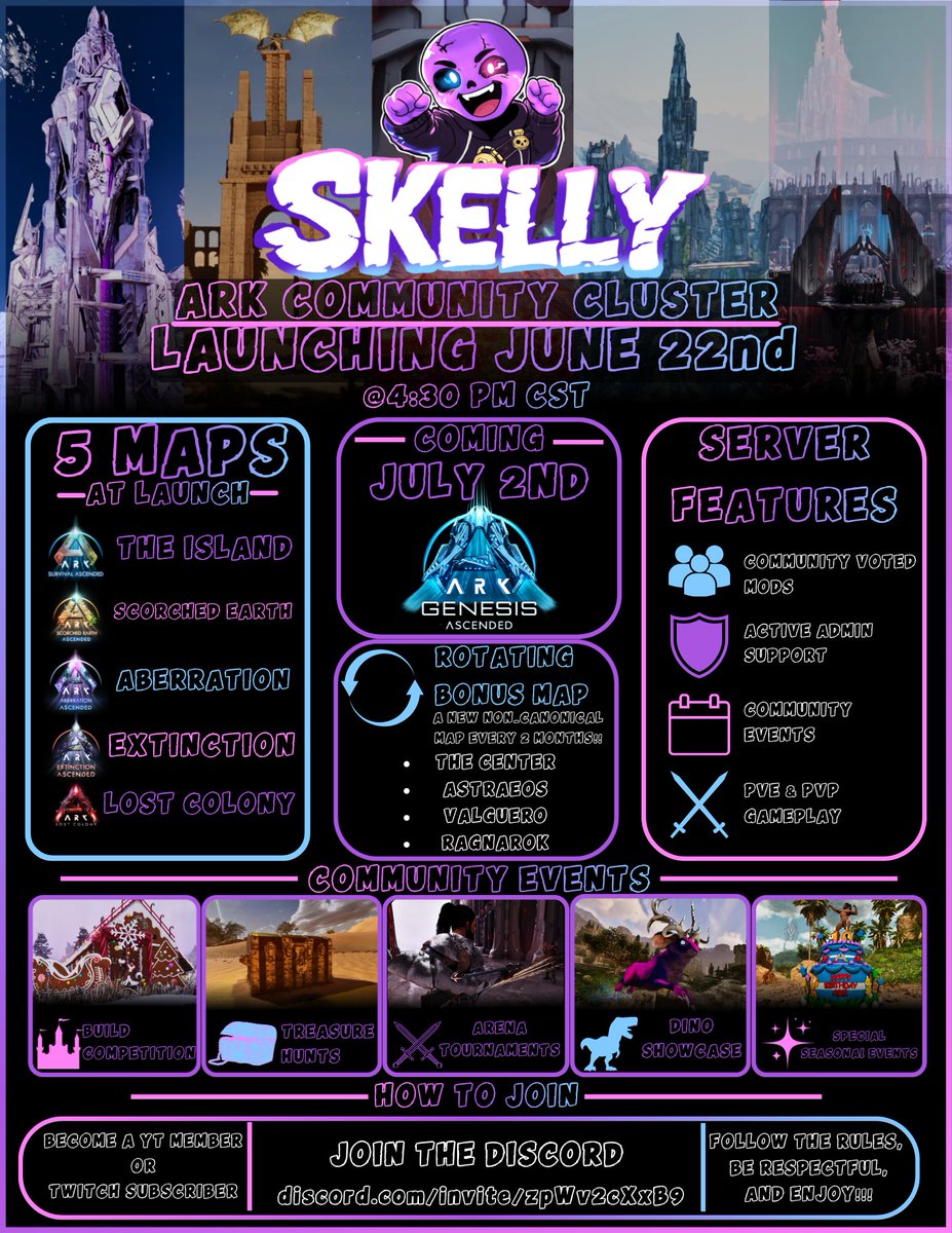 itsmeskelly's tweet photo. A little bit of some correction for the upcoming #ARKSurvivalAscended Skelly Community Cluster Server:

Server is still dropping June 22nd @ 4:30PM CST. Genesis Part 1's server for members/subs and the free server will launch on (hopefully) July 2nd as soon as it releases! https://t.co/PWf5eBc3Vx