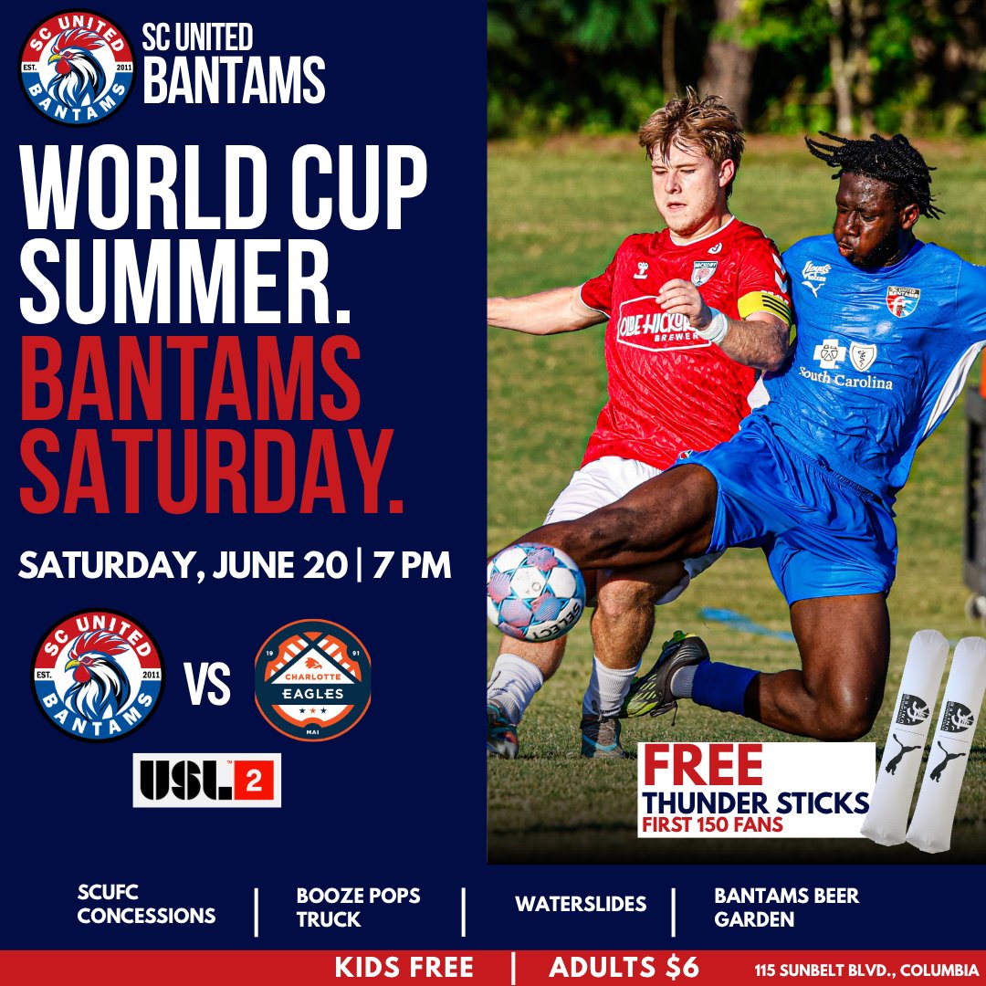 SCUnited_FC's tweet photo. A quick update before tonight's match.

The USL League Two Bantams will take on the Charlotte Eagles at 7:00 PM as scheduled.

Please note that tonight's USL W League match will not be played.

We still have free thundersticks for the first 150 fans, waterslides, Booze Pops, SCUFC concessions, and the Bantams Beer Garden waiting for you tonight.

🎟️ Kids Free | Adults $6

Tickets: https://t.co/LkLQm2vTwv