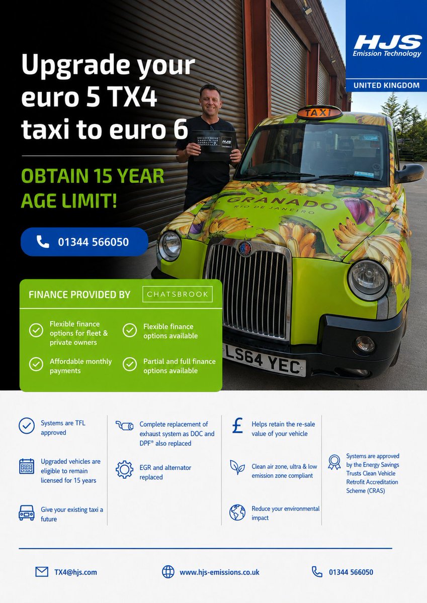 CclCricklewood's tweet photo. Another great week of installs! βοΈ The sunβs out, World Cup 2026 β½οΈ fever is growing and so is the demand for the @HJSUKEmissions #Euro5 to #Euro6 #LondonTaxi #TX4 Retrofit π.
#BlackTaxi #LondonBlackCab #DieselTaxi
π’ HJS UK now offers finance packages to help spread the cost https://t.co/VpG0AYEUpd