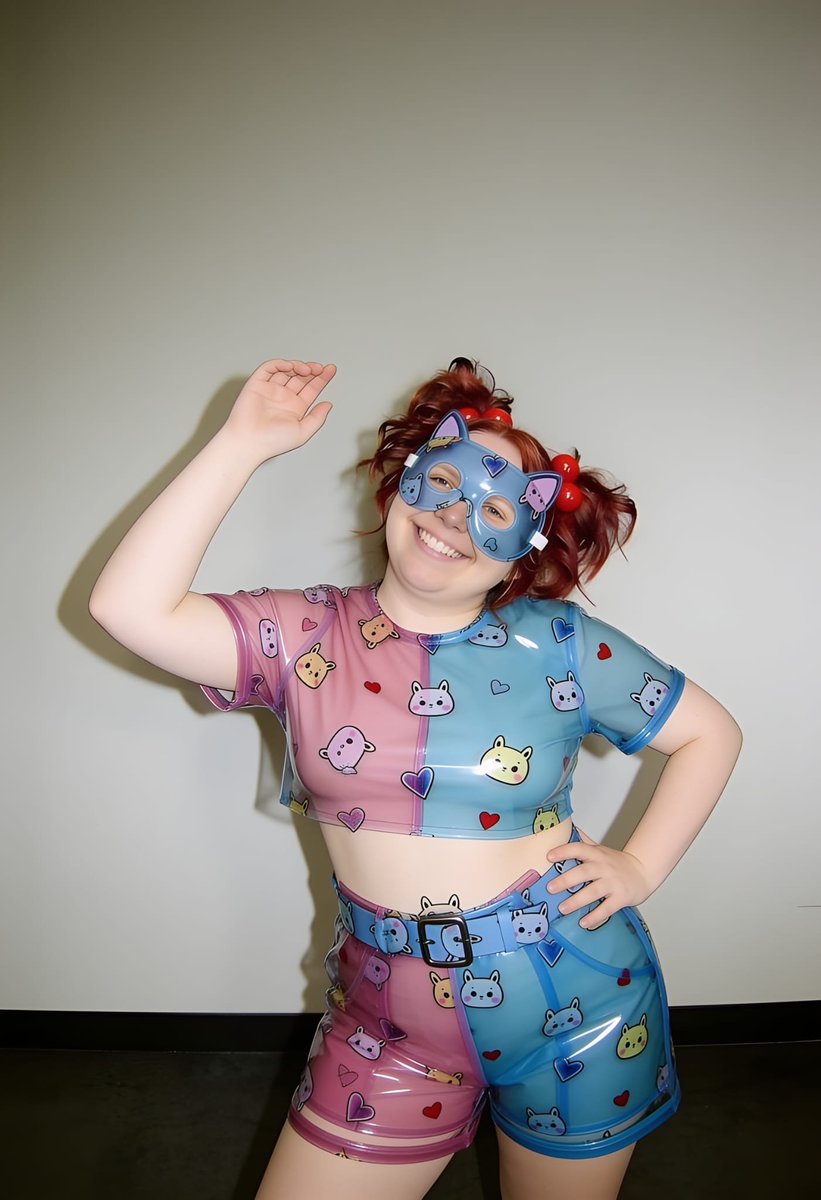 Lizzy1262629's tweet photo. Smiling so happily in my cute transparent cat-print PVC outfit with the matching mask! 🐱💖 The glossy material feels so fun and the colorful kitties make me feel extra playful. Who wants to come play with this happy kitty girl? 😘
#ShinyPVC #CatPrint #TransparentOutfit #PVCFashion #GlossyGirl #CurvyAndProud #BodyPositive #FetishFashion #CatMask #PlayfulTease #PlusSizeBeauty #KawaiiFetish #CuteAndKinky #CartoonPVC #LatexVibes #CatGirl