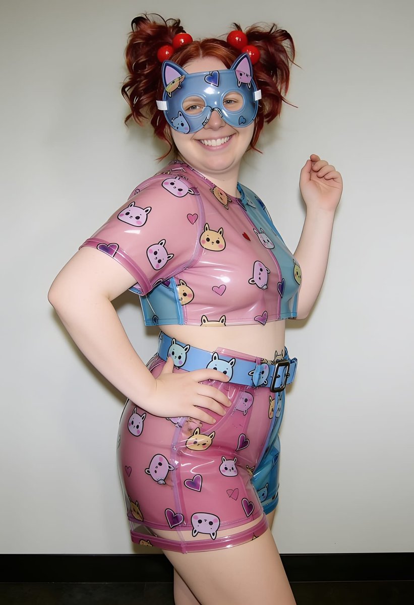 Lizzy1262629's tweet photo. Smiling so happily in my cute transparent cat-print PVC outfit with the matching mask! 🐱💖 The glossy material feels so fun and the colorful kitties make me feel extra playful. Who wants to come play with this happy kitty girl? 😘
#ShinyPVC #CatPrint #TransparentOutfit #PVCFashion #GlossyGirl #CurvyAndProud #BodyPositive #FetishFashion #CatMask #PlayfulTease #PlusSizeBeauty #KawaiiFetish #CuteAndKinky #CartoonPVC #LatexVibes #CatGirl