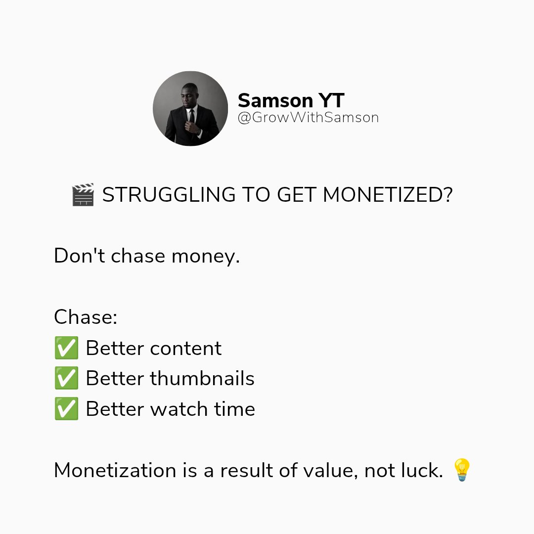 GrowWithSamson's tweet photo. Are you struggling to get monetized?  Apply this tips and you will see the different on your channel...  if it helpful drop a like and follow @GrowWithSamson for more tips like that
#YOUTUBETIPS @YouTube #monetize https://t.co/z9iT147vFH