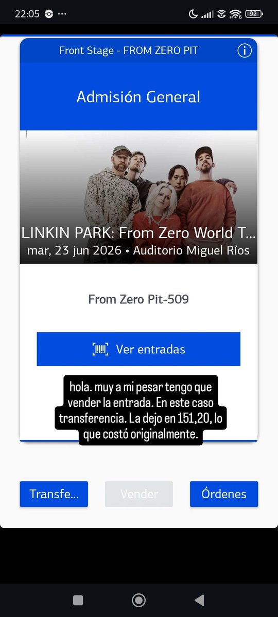 maneel001's tweet photo. Hola, me he puesto la cuenta pública por esto. Vendo mi entrada de Linkin Park El día 23 de junio en Madrid. No puedo acudir por motivos laborales. Es en la zona de From Zero Pit, por eso el precio de 151,20, lo que me costó. https://t.co/SEqgSx9Z1t