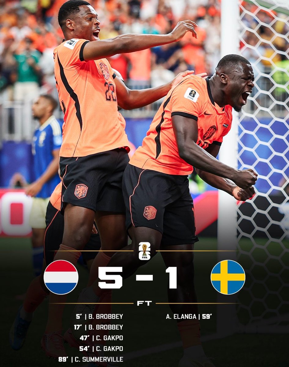 fwc_solana's tweet photo. The Dutch ease past Sweden in an exciting encounter. 🔥

NETHERLANDS 🇳🇱 5 - 1 🇸🇪 SWEDEN

$FWC https://t.co/EPSOY3qzst