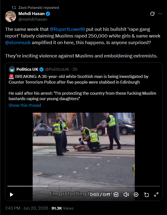 myownwinters's tweet photo. @BasilTheGreat Calling the Rape Gang Inquiry "bullshit" and accusing Rupert Lowe and Elon Musk of "inciting violence against Muslims".

People like Mehdi and Zack don't care about the victims of the rape gangs, only how they can use it to smear those who do. Utter scum. https://t.co/35iYCjAzg3