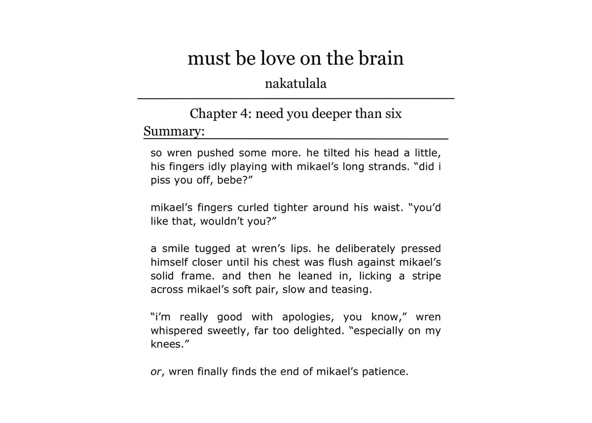 nakatulala's tweet photo. must be love on the brain — chapter four
#minwon 🔞

wren finally finds the end of mikael’s patience.

link: https://t.co/q3AUwIvwLq https://t.co/63FFjAu8vI