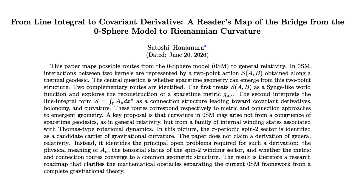 HanaTensor's tweet photo. New Paper [#63] available

From Line Integral to Covariant Derivative: A Reader's Map of the Bridge from the 0-Sphere Model to Riemannian Curvature

https://t.co/Kg7hlw7uik https://t.co/Lt7AW3m6FQ