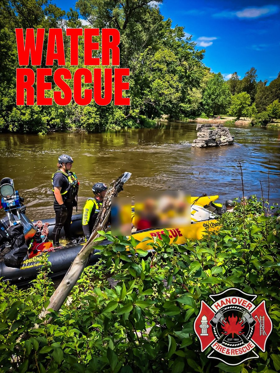 hanoverfd's tweet photo. HFD responded to a water rescue on the Saugeen River near Hanover Park today after 2 patients and their dog capsized their canoe and got stranded on a fallen tree mid-river. @ChiefKnoll @GreyParamedics @CountyofBruce @OwenSoundPolice https://t.co/Y0l5Nirq6n