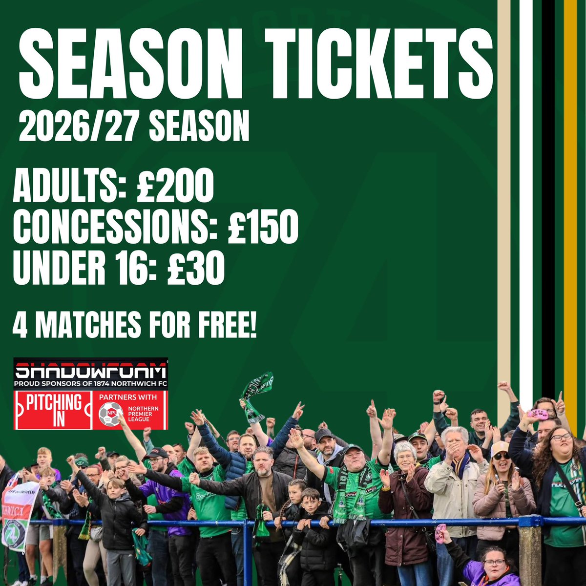 1874Northwich's tweet photo. Got yours yet? 🎟️

Grab your season ticket for the upcoming season today - its our best ever rate with 4 games free 👀

🔗 https://t.co/GVdX8fRrUg https://t.co/cJTka9CEll