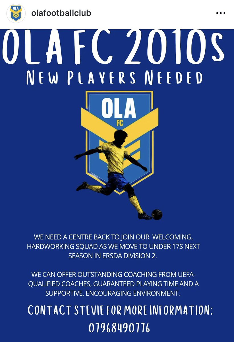 battlefieldbud's tweet photo. OLA 2010 are looking to add defenders to our squad for next season. Would be a great fit for any players who’s teams have sadly folded, or players in DIV 1 or 2 looking for regular game time. We have built a great reputation for playing and coaching the right way. Get in touch! https://t.co/qfsTyHkqfU