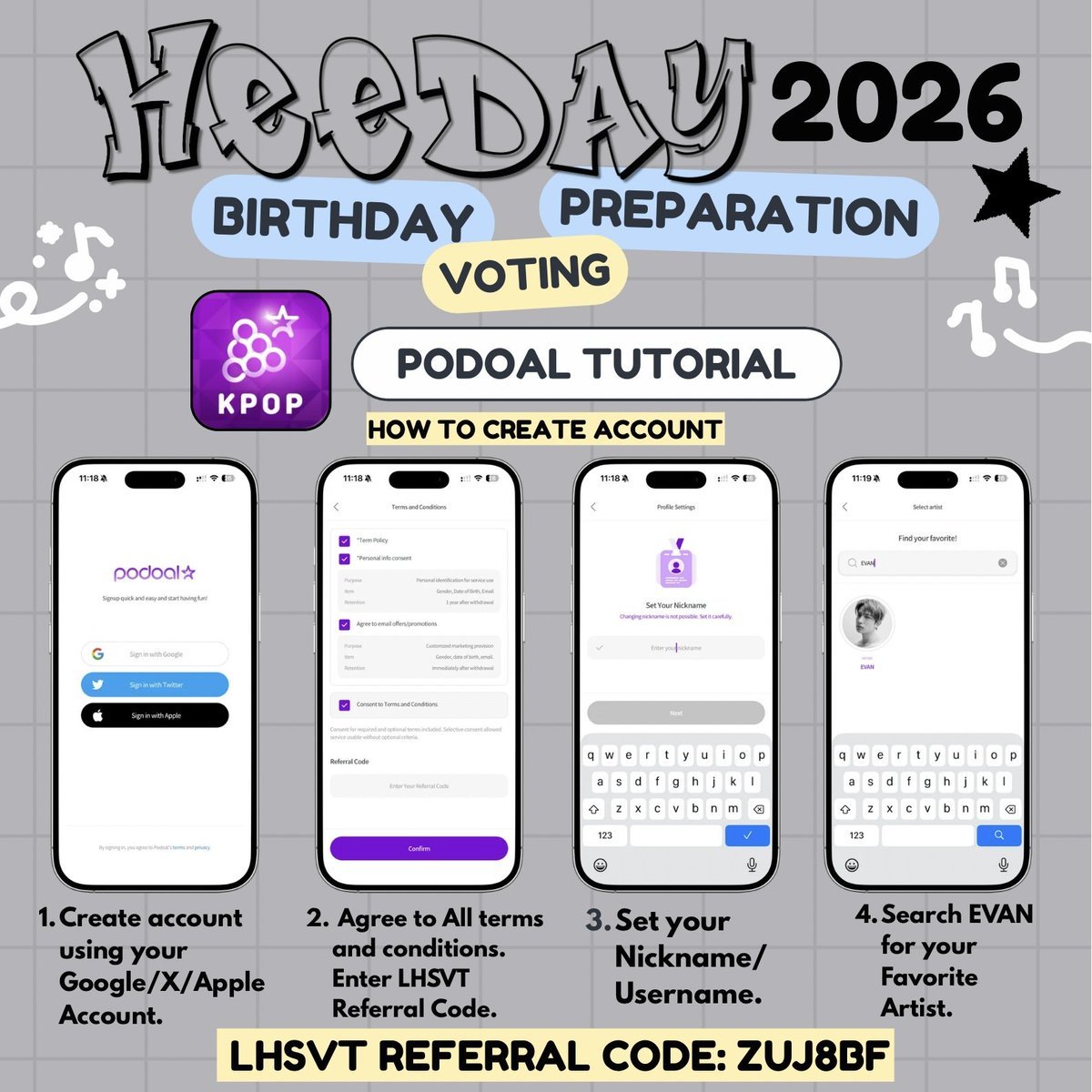 EvanVoting's tweet photo. [🔔] PODOAL DAILY REMINDER

EVERS,

Please start collecting on PODOAL for #EVAN’s upcoming birthday poll. 

How to collect:
✅️ Daily Attendance
✅ Breakfast Time (4PM-6PM KST)
✅ Lunch Time (9PM-11PM KST)
✅ Dinner Time (2AM-4AM KST)
✅️ Watching Video Ads
✅ Invite Friend

LHSVT Referral Code: ZUJ8BF

#EVAN #에반 @h_evva_n @evan_officialJP