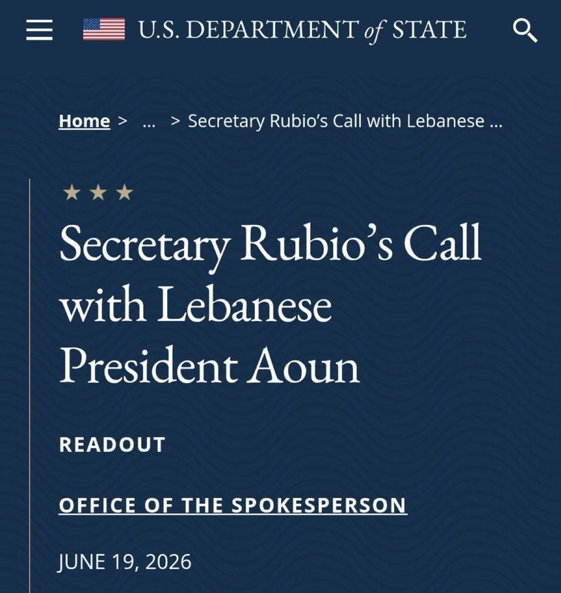 EYakoby's tweet photo. BREAKING: Secretary Rubio and Lebanon’s President spoke today, reaffirming the need to disarm Hezbollah and restore legitimate government control over all Lebanese territory.

They recognize Hezbollah as the reason for Israel’s defensive actions in Lebanon. https://t.co/9lSJnaR7Cx