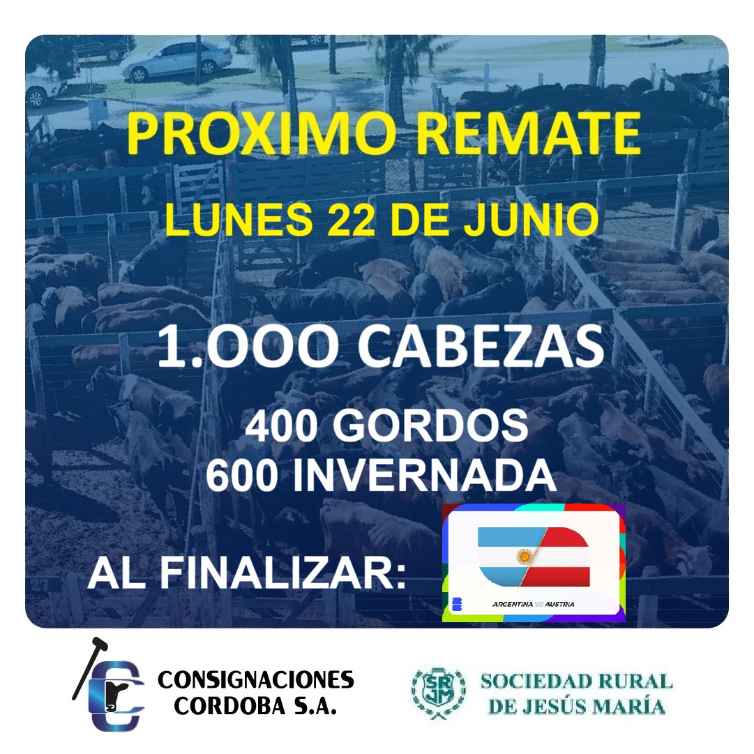 consignacba's tweet photo. Próximo Lunes 22, los invitamos a participar de nuestro habitual remate. Ingresarán 1.000 cabezas !   Atención: Horario Especial - Los esperamos a partir de las 9:00 hs. en el predio de la @srjmcba  Luego todos alentaremos a nuestra selección viendo el partido ARGENTINA - AUSTRIA https://t.co/5eIAKIbg2J