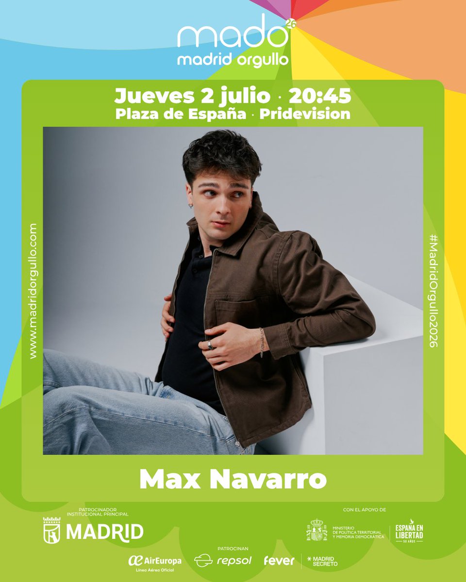 MADOrgullo's tweet photo. Max Navarro estará con nosotros en la gala #Pridevision de Plaza de España. 

🏳️‍🌈 https://t.co/ztTi0u1Ahr 
#MadridOrgullo2026 https://t.co/7r0r7SlNkW