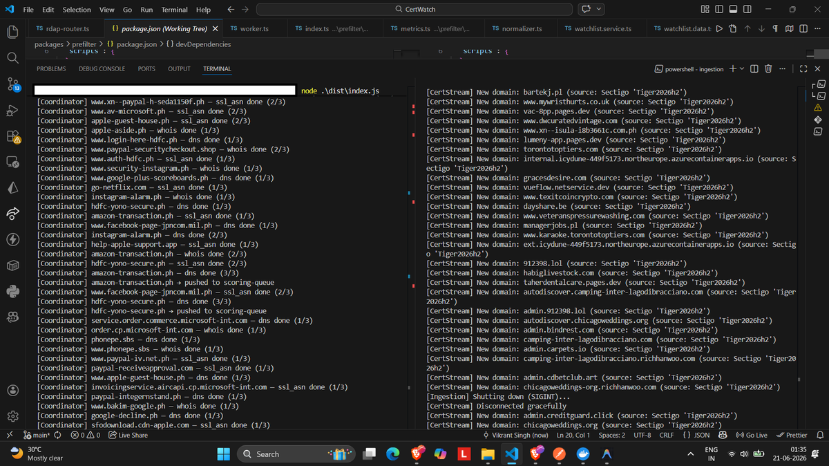 Vikrant2287's tweet photo. @PayRamApp @CatoffGaming 6/

Every suspicious domain is now enriched with:
✅ RDAP (age, registrar, privacy)
✅ DNS records
✅ ASN reputation
✅ SSL metadata

It is slowly turning into a real-time intelligence platform.

results: https://t.co/tNxIBb6DrD
