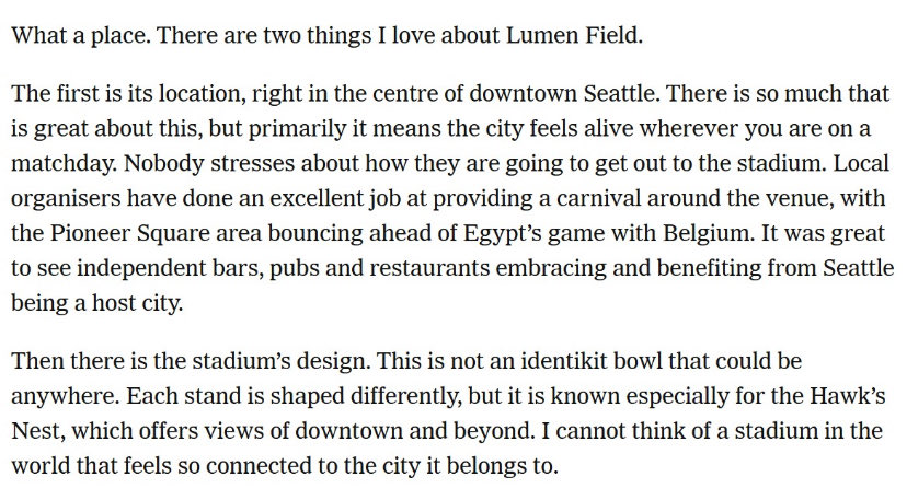 Screenshot outlining the reasons for the ranking, praising the downtown location, the "carnival" around the stadium, and the unique design of the stadium itself.