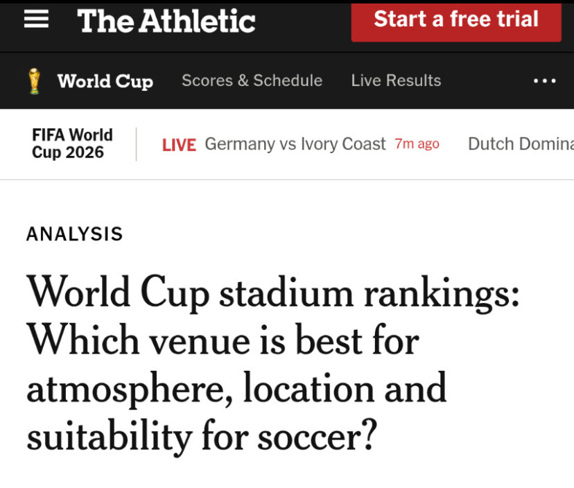 Screenshot of The Athletic headline: “World Cup stadium rankings: Which venue is best for atmosphere, location and suitability for soccer?”