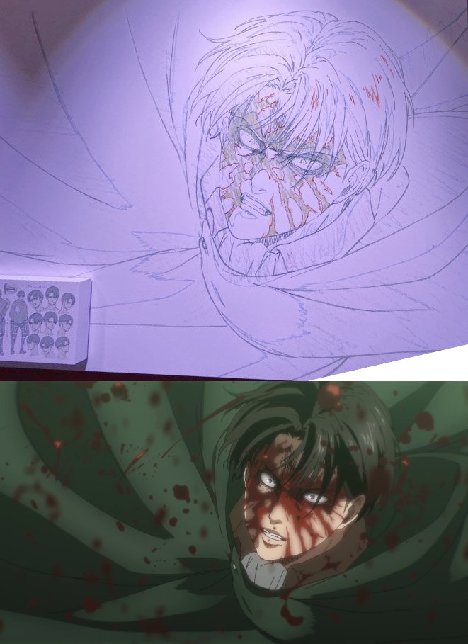 Aot6262's tweet photo. Amazing Genga by Tomohiro Kishi 
Levi's face was way better in the genga https://t.co/cScghKv8b3