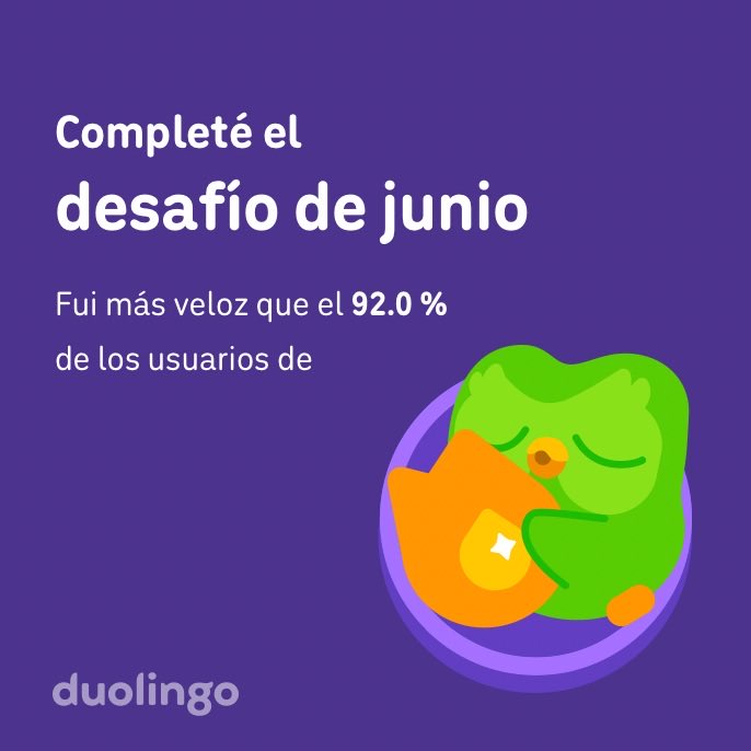 itzayanarios's tweet photo. ¡Completé el desafío de junio más rápido que el 92.0 % de los usuarios de Duolingo! https://t.co/3JRRW5O6SO