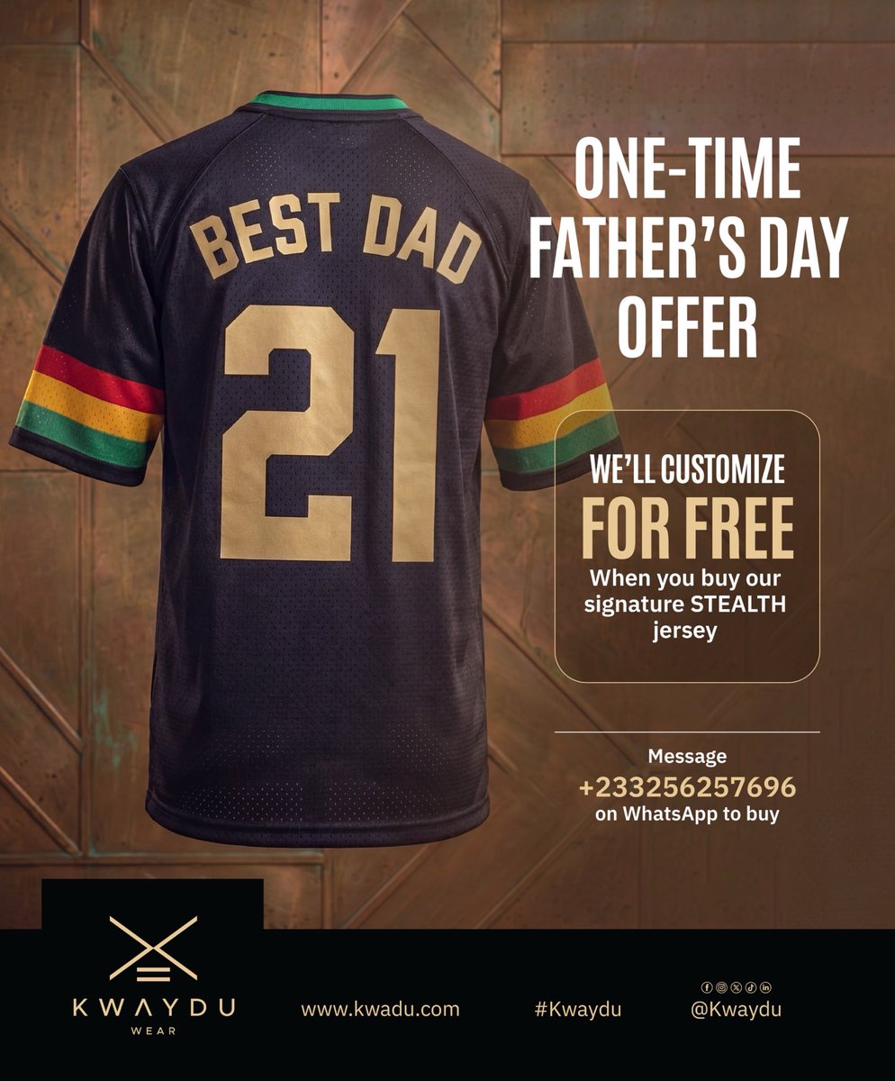 Kwaydu's tweet photo. Dad deserves more than socks this year. 👑

Buy our signature STEALTH Jersey and we’ll customize it FOR FREE this Father’s Day. Add his name, title, or lucky number and make it truly his.

📲 WhatsApp +233 256 257 696 to order.

#Kwaydu #FathersDay #BestDad https://t.co/tC4BIWhckr