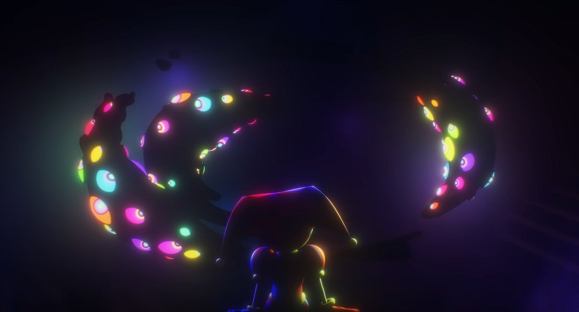 MaggieNycto_2's tweet photo. unpopular opinion, I think the abstraction on the right is actually Jax, idk it makes more sense to me that Jax is slowly approaching them and Ribbit and Kaufmo are exchanging looks between them b4 joining her like they did when she first arrived in the circus https://t.co/T14IFHTYwu