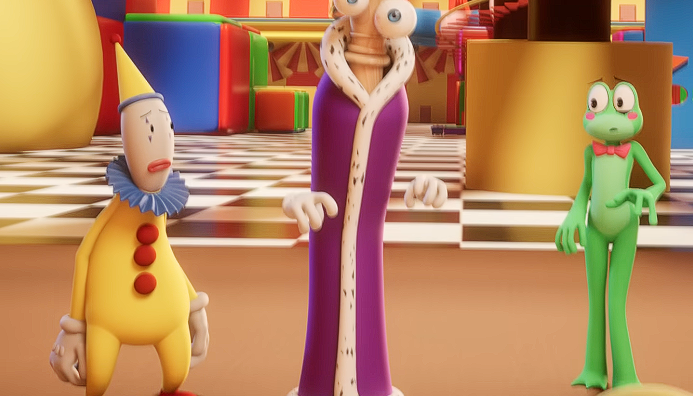 MaggieNycto_2's tweet photo. unpopular opinion, I think the abstraction on the right is actually Jax, idk it makes more sense to me that Jax is slowly approaching them and Ribbit and Kaufmo are exchanging looks between them b4 joining her like they did when she first arrived in the circus https://t.co/T14IFHTYwu