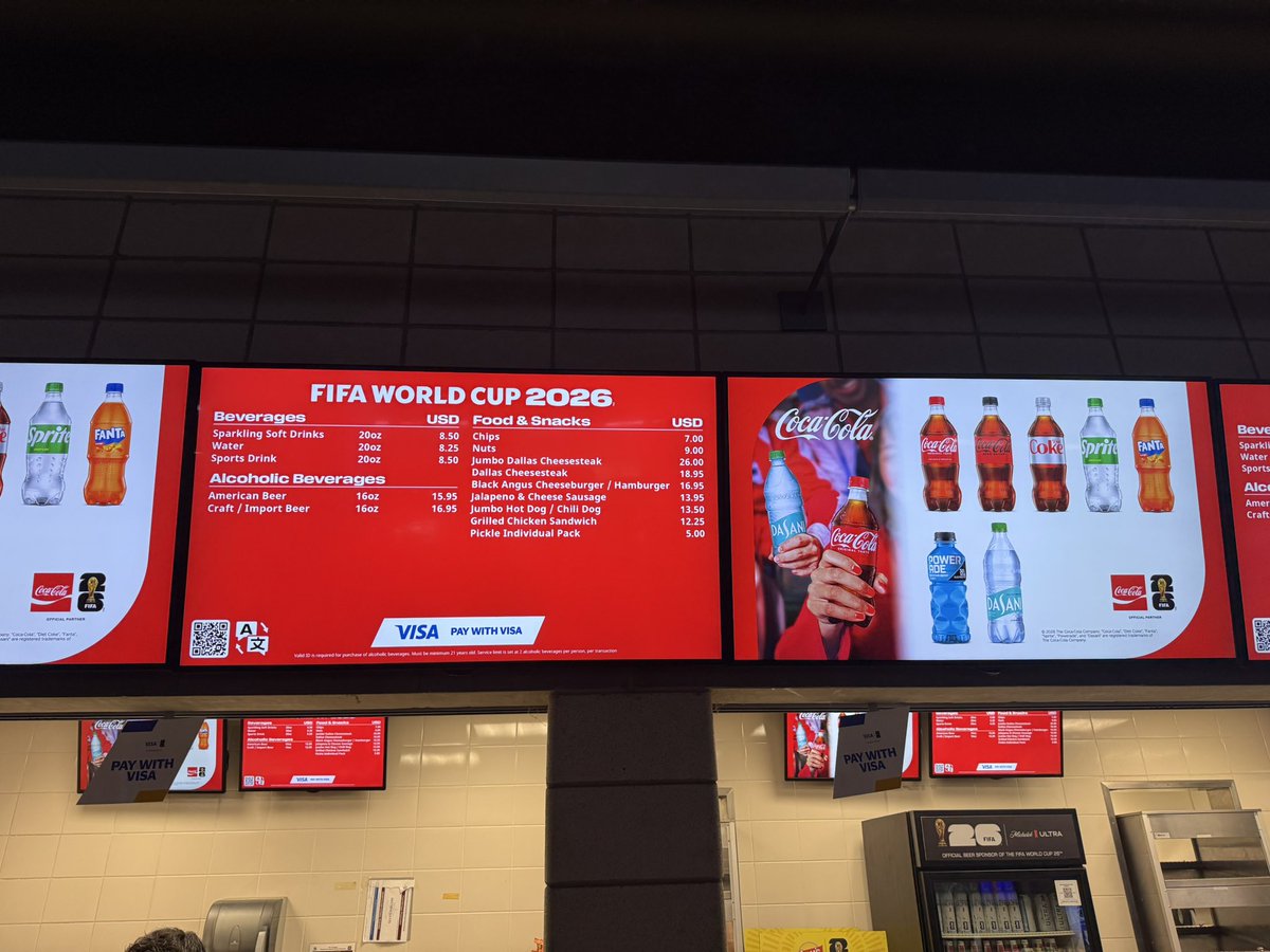 Sean_Stewart's tweet photo. The concessions Menu and prices at Dallas Stadium for the World Cup. What’s your order? https://t.co/cQHWNtqsCf