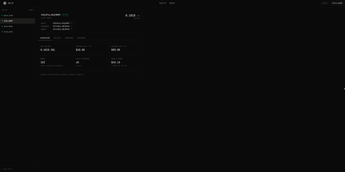Helmprotocol's tweet photo. What this changes for Helm:  

→ Vault creation works today — devnet  

The agent infrastructure layer is being built in public, on both chains, simultaneously.

DevApp next. https://t.co/4Wri3XS9qD