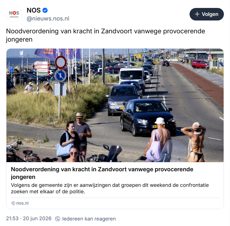 eenblikopdenos's tweet photo. "Gisteren zag de politie in Zandvoort groepen jongeren 'die niet aanspreekbaar waren op hun gedrag' en die zich 'in hoge mate provocerend en intimiderend' gedroegen", schrijft de @NOS. Goh, wat zouden dat voor jongeren zijn? Misschien "biculturele kansparels"? 🤔😉 1/4 #Zandvoort https://t.co/M8xAmD7g4B