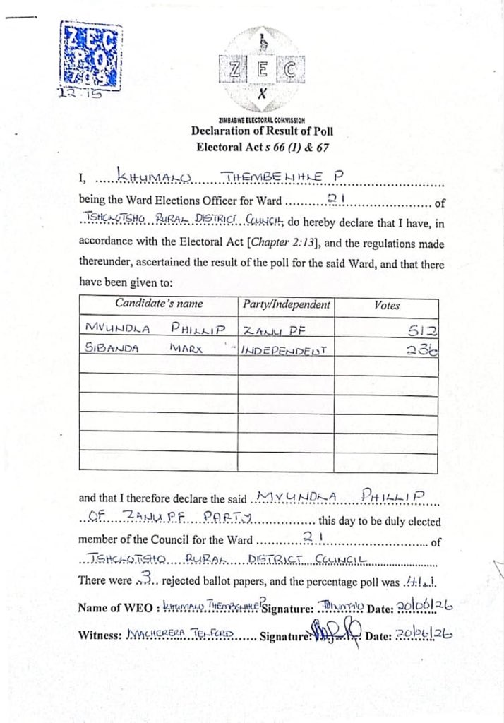 ZECzim's tweet photo. Tsholotsho RDC Ward 21 ByElection Results https://t.co/HwVgmRX0JM