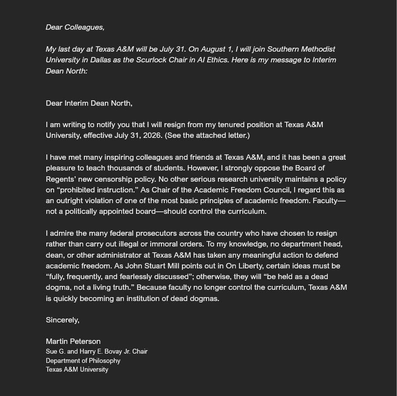 KarenAttiah's tweet photo. "Because faculty no longer control the curriculum, Texas A&amp;M is quickly becoming an institution of dead dogmas." - Martin Peterson  

His full resignation letter below. 

I'll be in conversation with Peterson on June 24 @ 12pm ET.  

Register 👇
 https://t.co/A6PG1eHS4z https://t.co/O59YOeNuMs