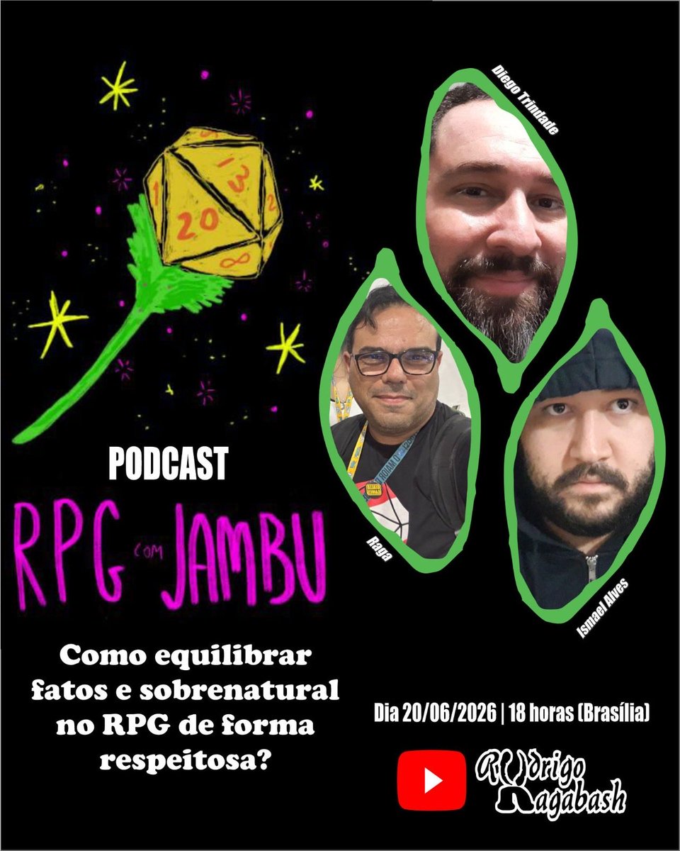 RodrigoRagabash's tweet photo. Hoje tem gravação ao vivo do RPG com Jambu #88! 🎙️

Tema: “Como equilibrar fatos e sobrenatural no RPG de forma respeitosa?”

Com: Rodrigo "Ragabash", Diego Trindade e Ismael Alves

Assista: https://t.co/ahr3iWrFaW https://t.co/APVy0ZimLI